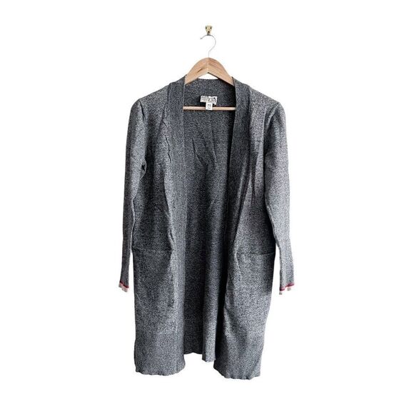 Roots Cabin Shawl Open Cardigan Side Slits Pockets Women's M Black White Heather - Picture 1 of 8